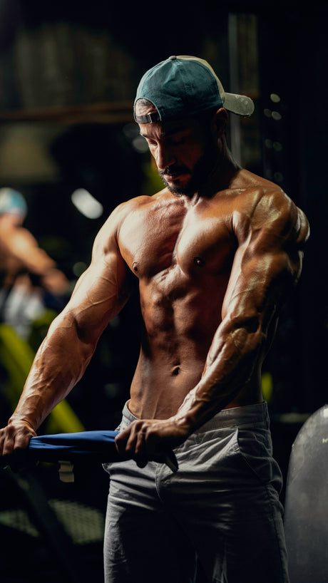 a shirtless man holding a bar in a gym